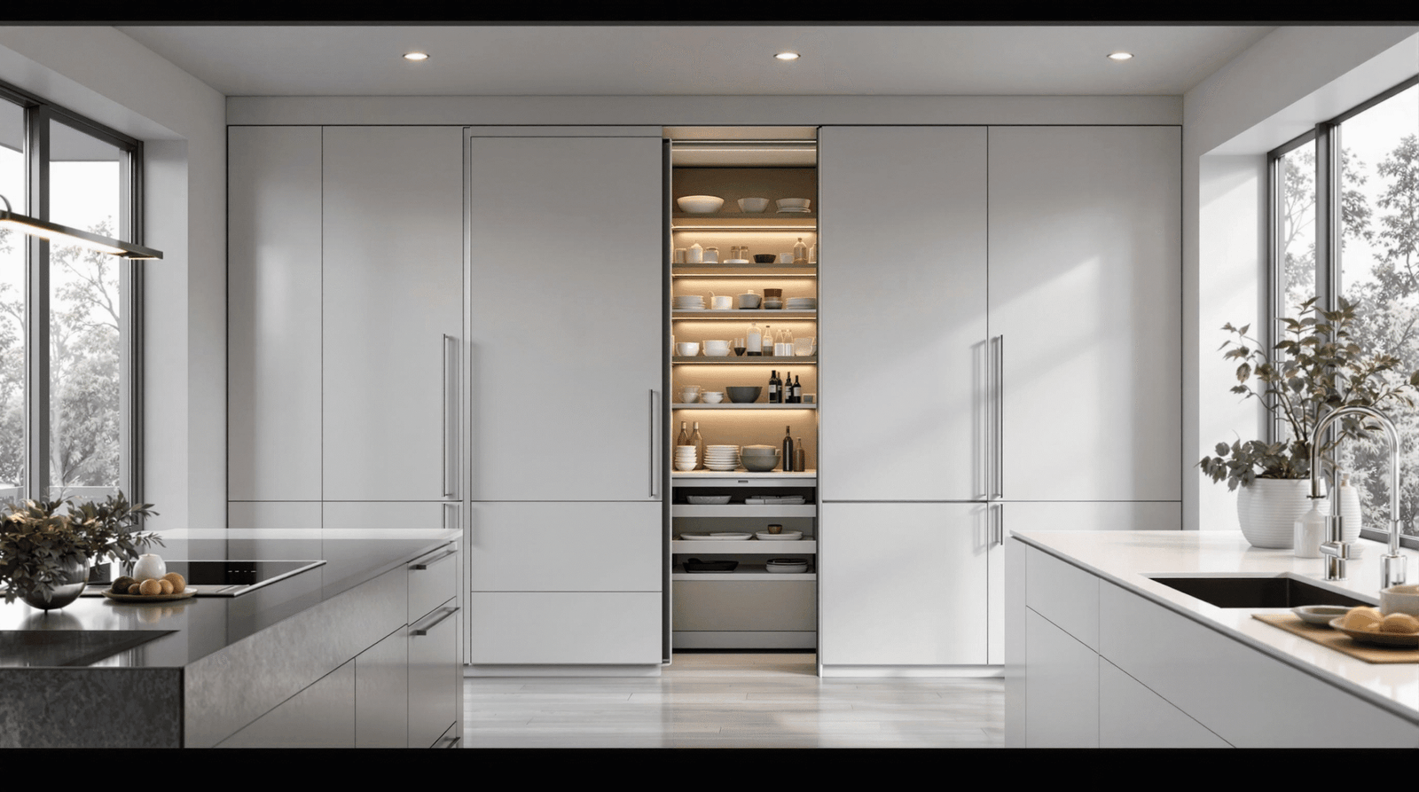 Modern kitchen with a hidden pantry revealed by a sliding wall panel.
