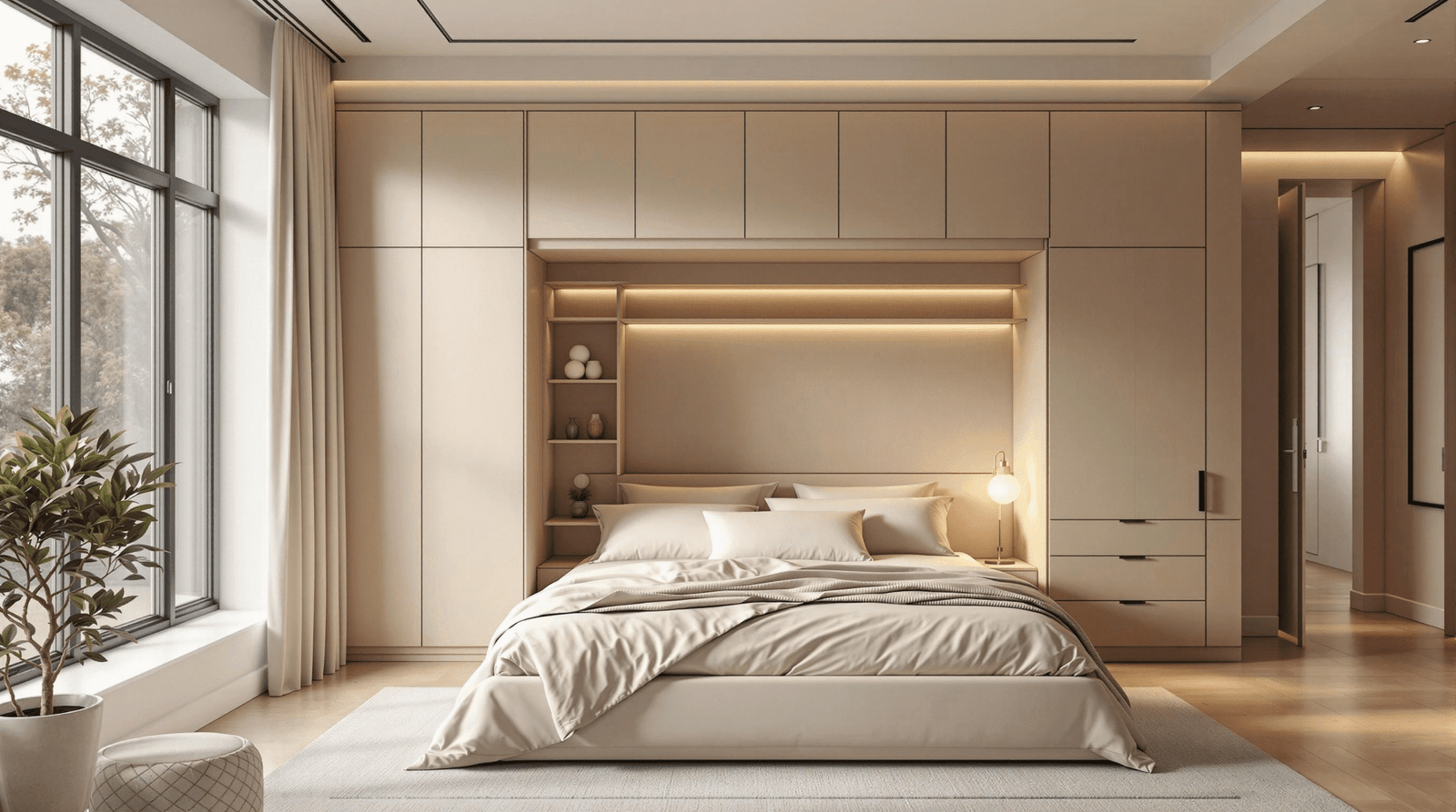 Murphy bed desk combo fully deployed as a comfortable bed in a minimalist room, transformed from an office.