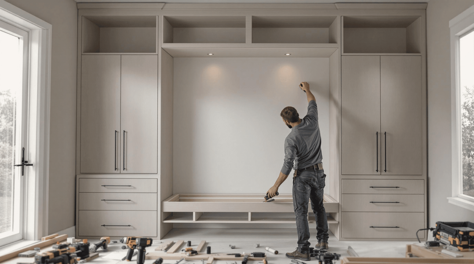 Professional carpenter installing custom built-in cabinetry around a wall bed.
