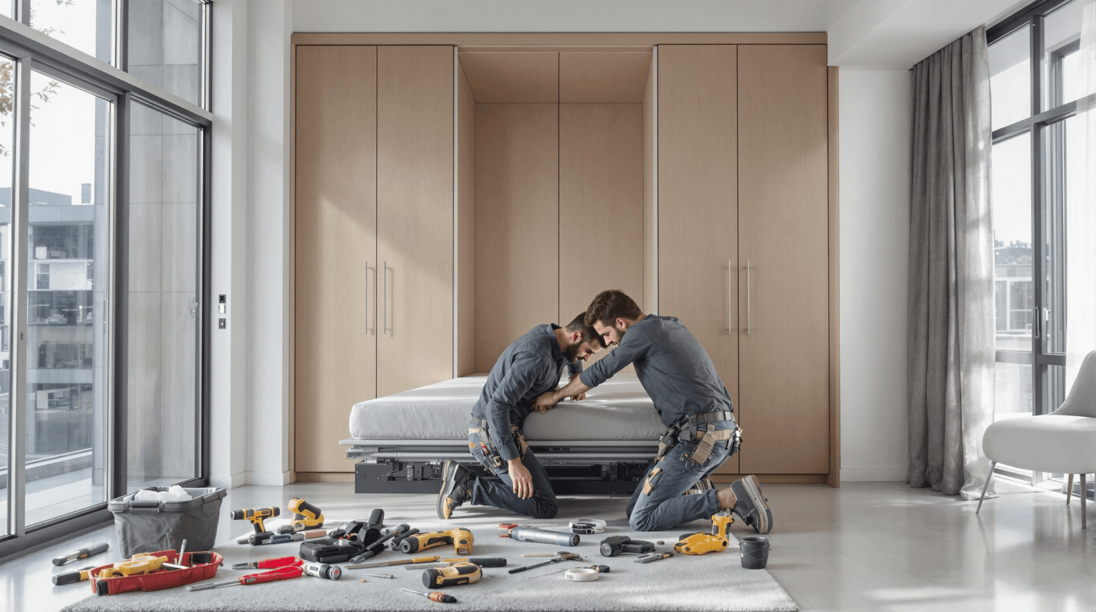 Professional installer securing a sleek wall bed mechanism into custom cabinetry in a minimalist apartment, demonstrating precision.