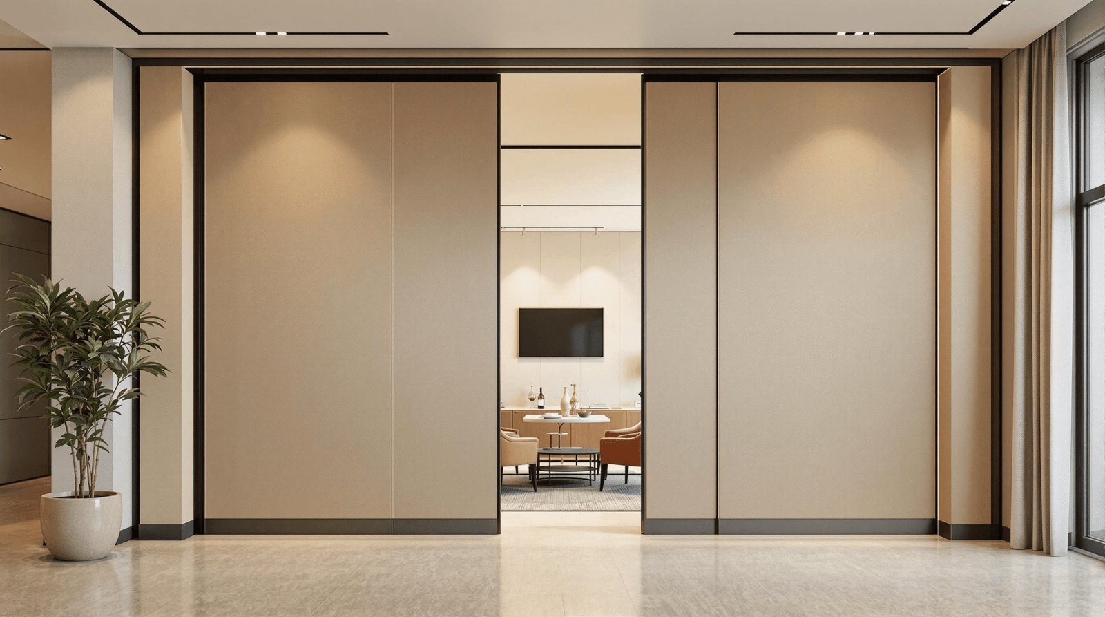 Sleek operable wall system dividing a large commercial space, demonstrating flexible room configuration.