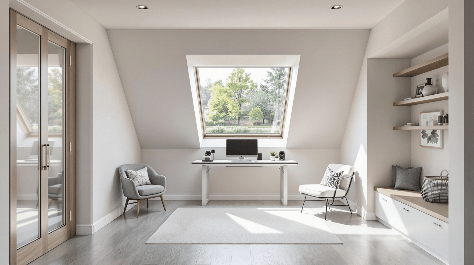 Stylish basement home office with large egress window and minimalist desk setup.