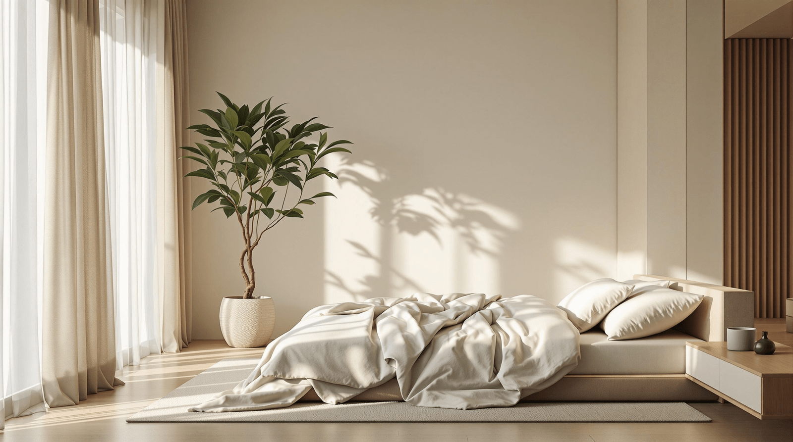 Tranquil modern bedroom with biophilic elements like plants, natural light, and wood.
