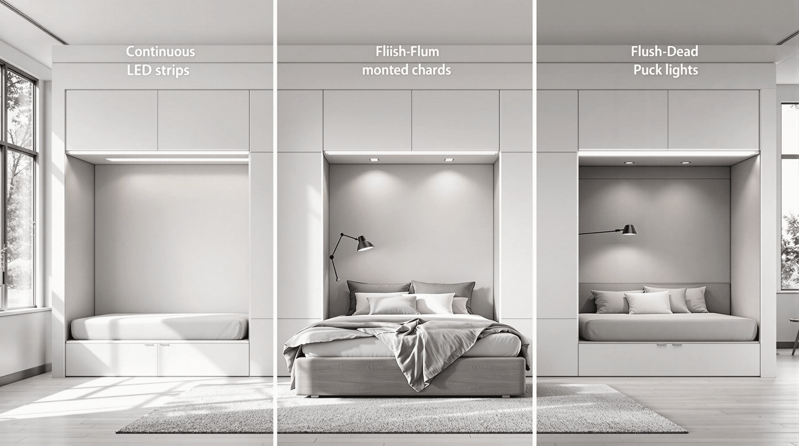 Visual comparison of wall bed lighting: LED strips, puck lights, and an adjustable reading lamp.