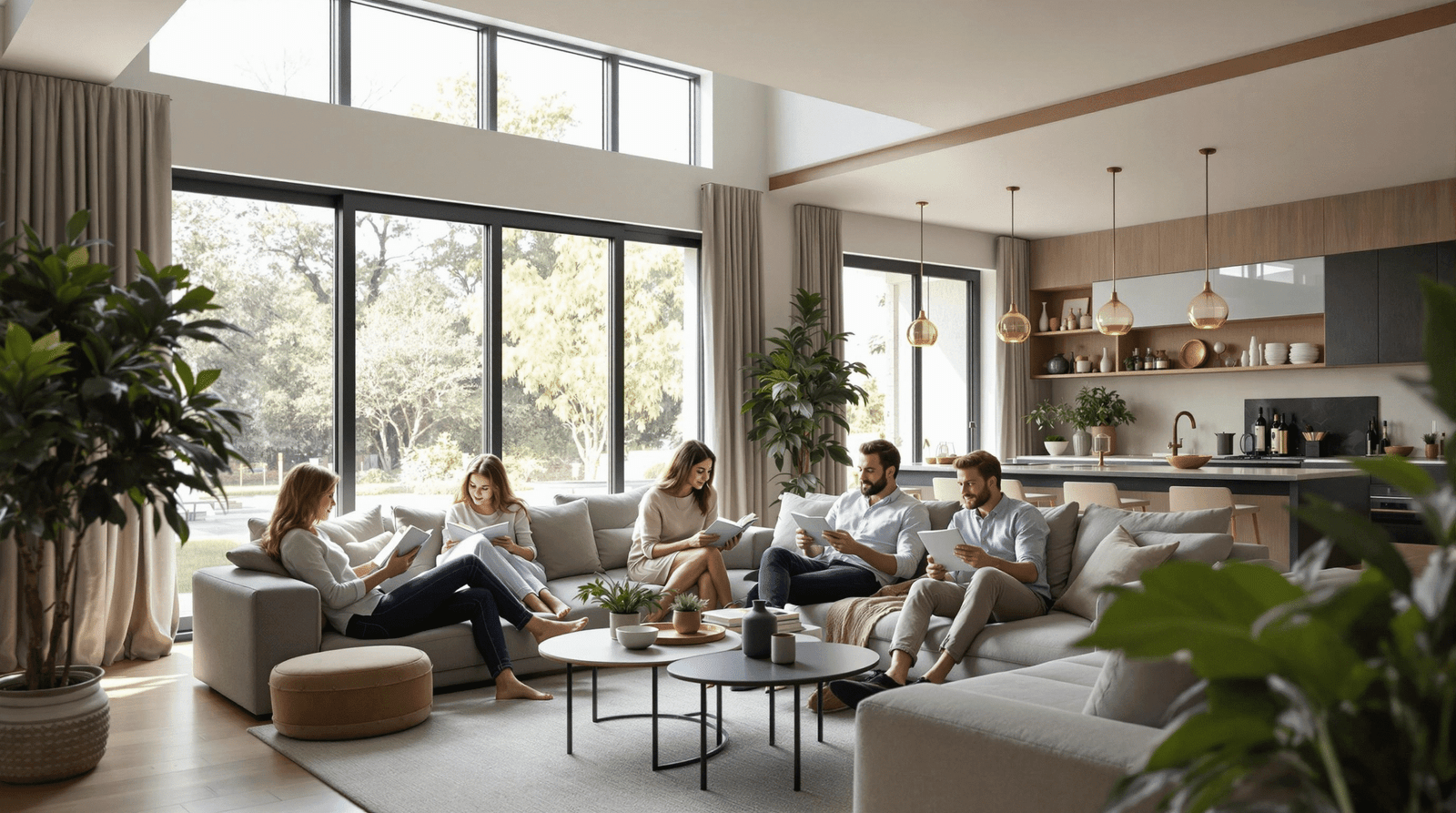 A family relaxing and interacting in a spacious, modern open concept living area.