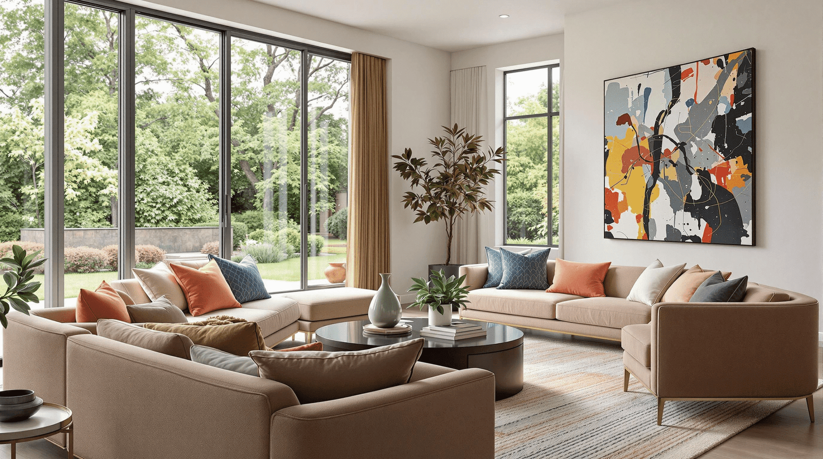 A luxurious and inviting modern living room with large windows, neutral furniture, and vibrant accents.