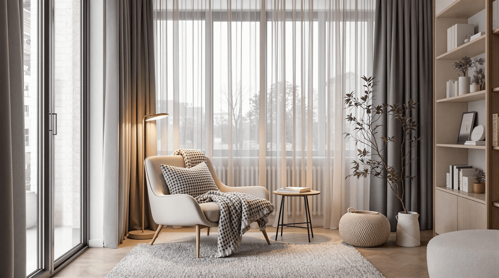 A peaceful and inviting cozy reading nook with an armchair, blanket, and task lamp, subtly separated by a sheer curtain in an open-plan apartment.