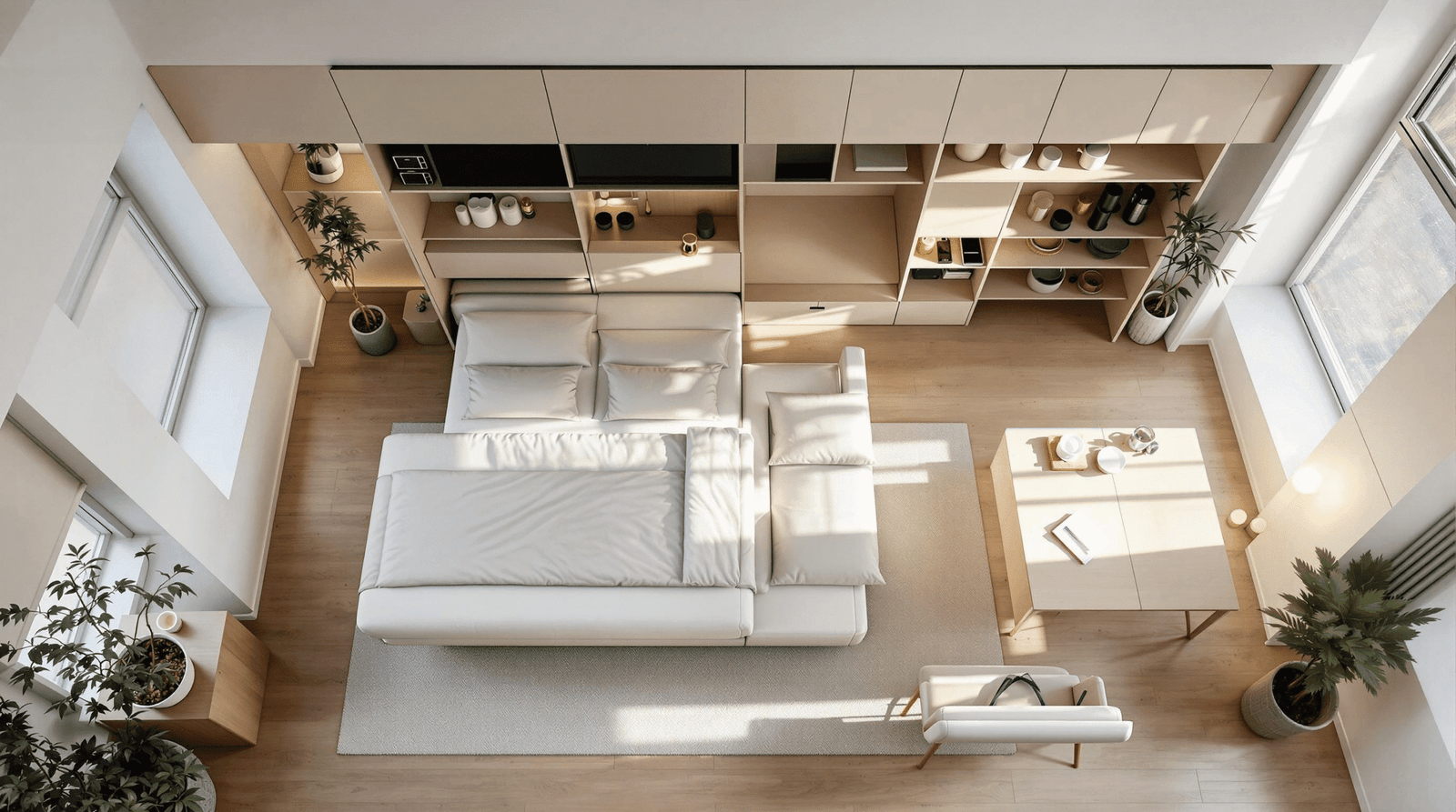Aerial view of a spacious, multi-functional minimalist studio apartment with a fully retracted wall bed, showcasing efficient space use.