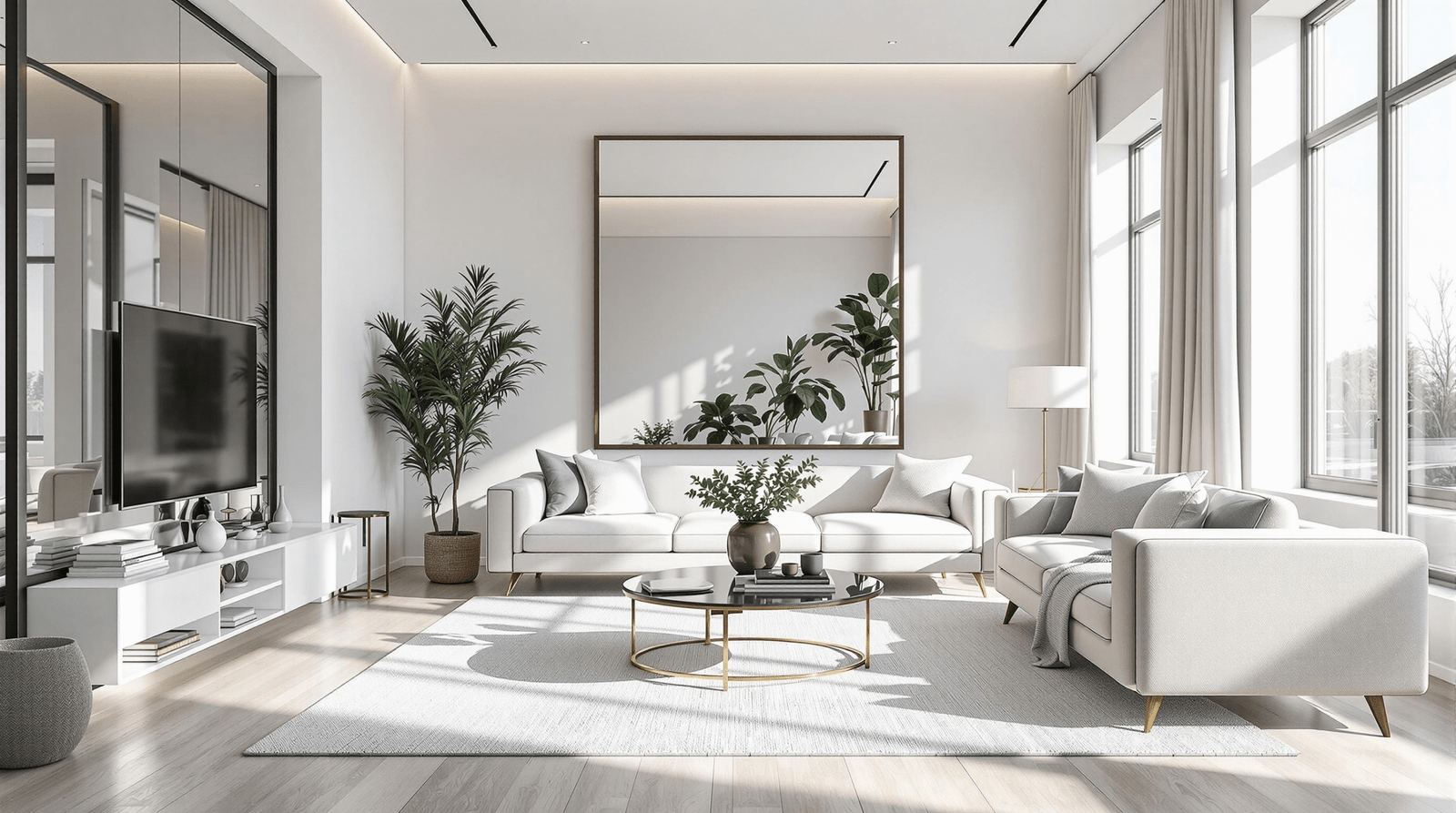 Bright living room using mirrors, light colors, and leggy furniture to feel larger.