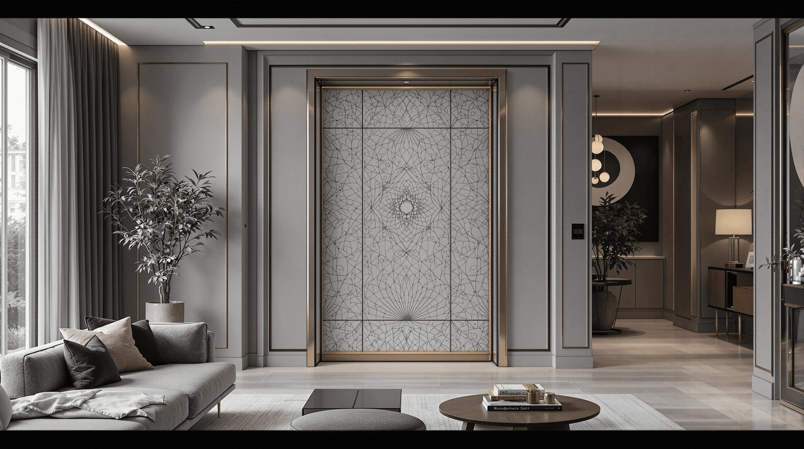 Contemporary home interior with a concealed safe room entrance in a decorative wall panel.