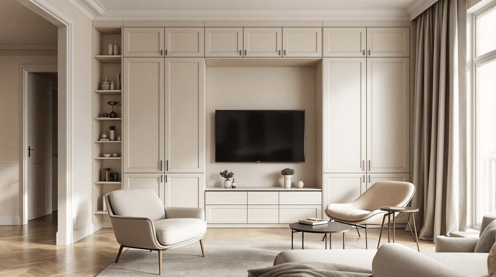 Elegant small apartment living room with a hidden custom wall bed, maximizing space and appeal.