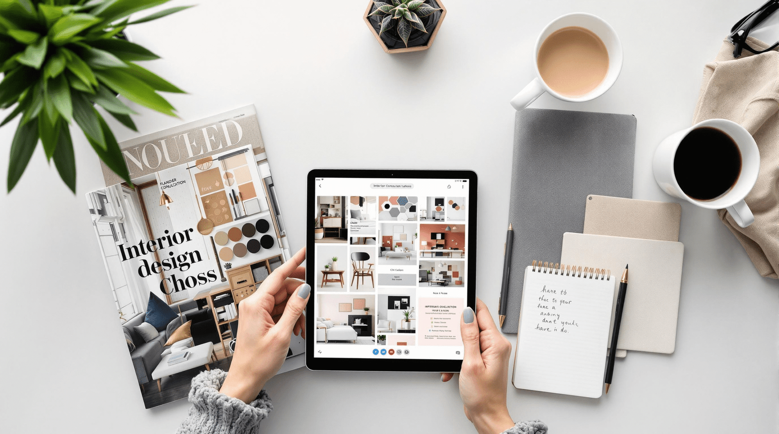 Flat lay of items for preparing for an interior design consultation.