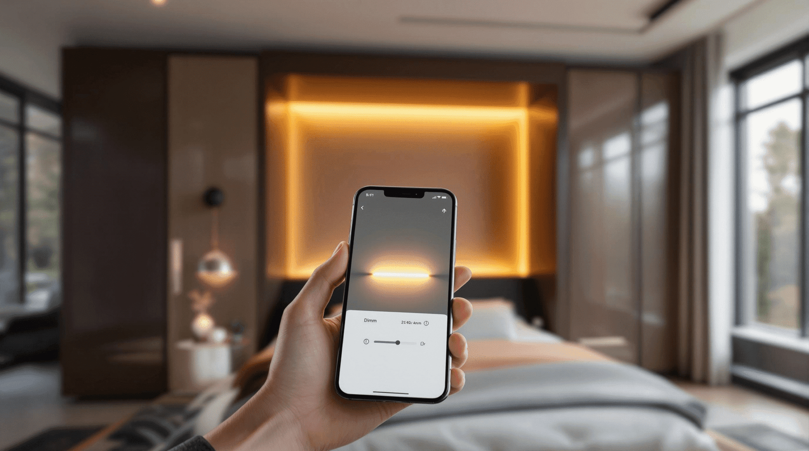 Hand using a smartphone app to control smart integrated lighting on a wall bed.