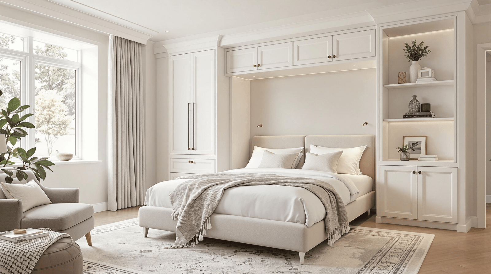 Luxurious guest room with a custom wall bed fully deployed, showcasing high-end linens and elegant surrounding cabinetry.