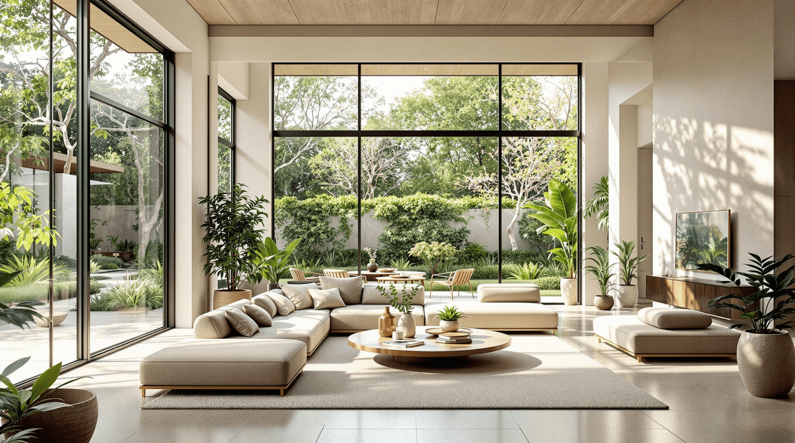 Open-concept living space with large windows connecting to a lush garden, embodying biophilic design.