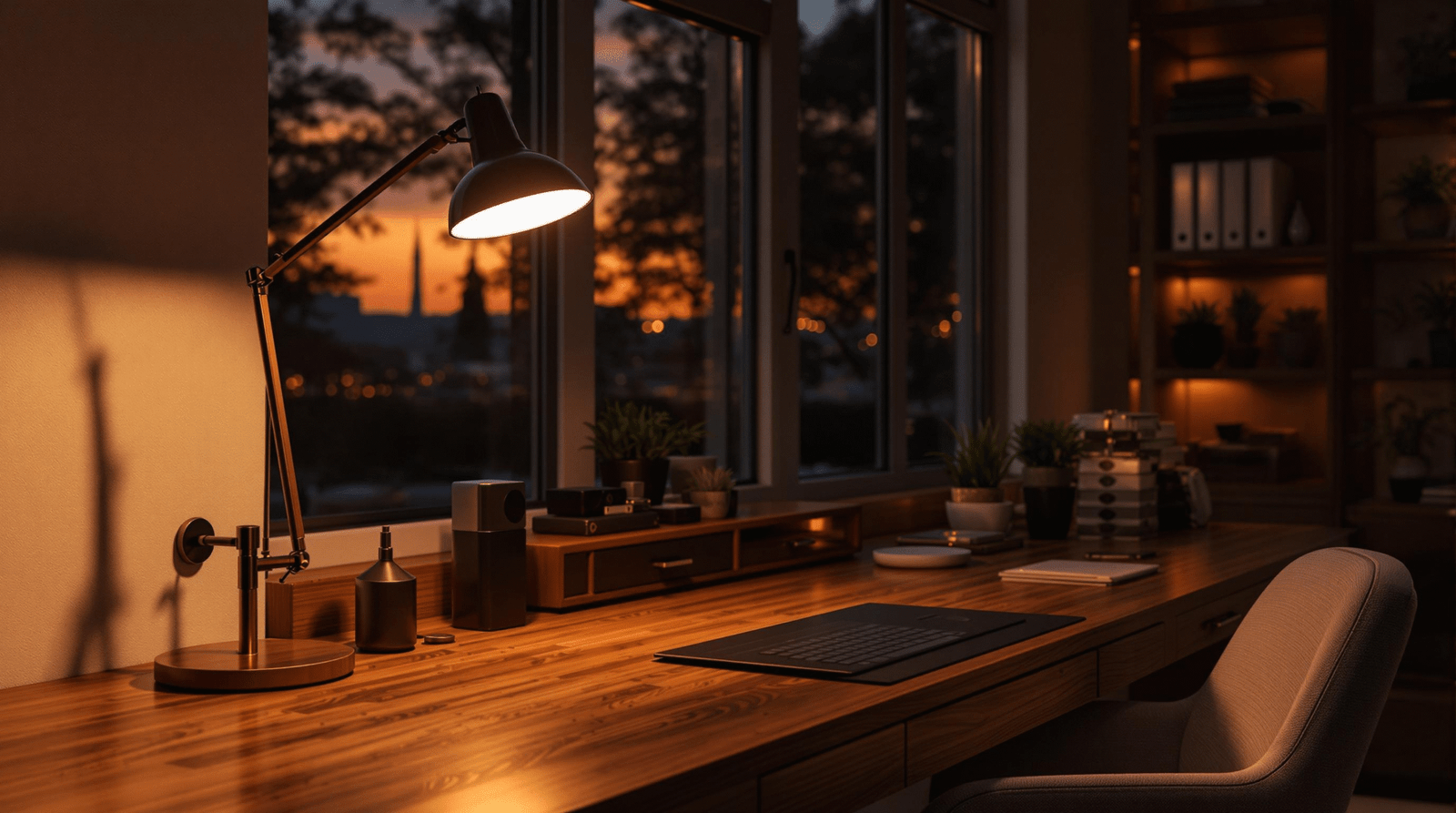 Organized home office desk with warm task lighting and built-in storage.
