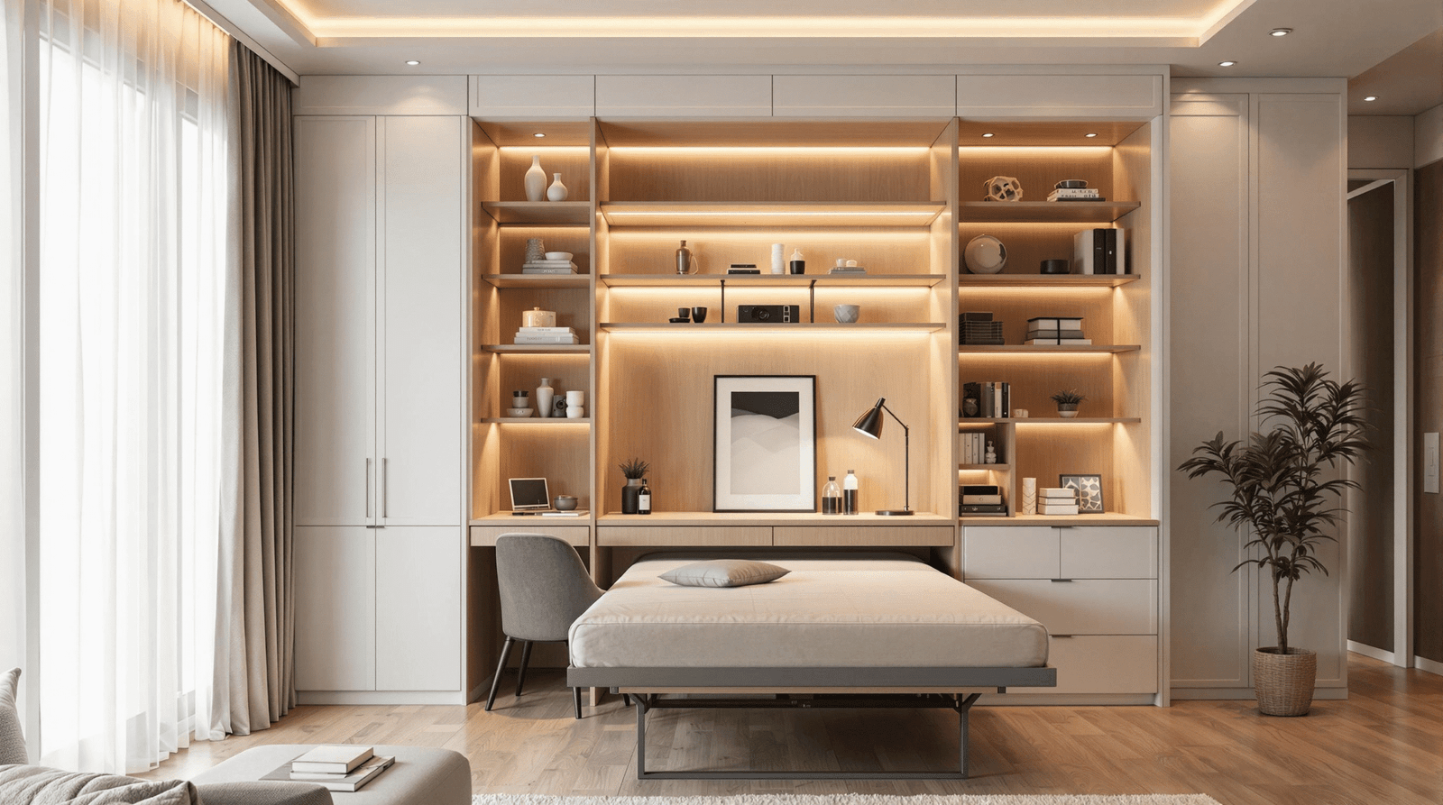 Small, elegantly designed room with a wall bed folded up, showing a desk and organized shelving.