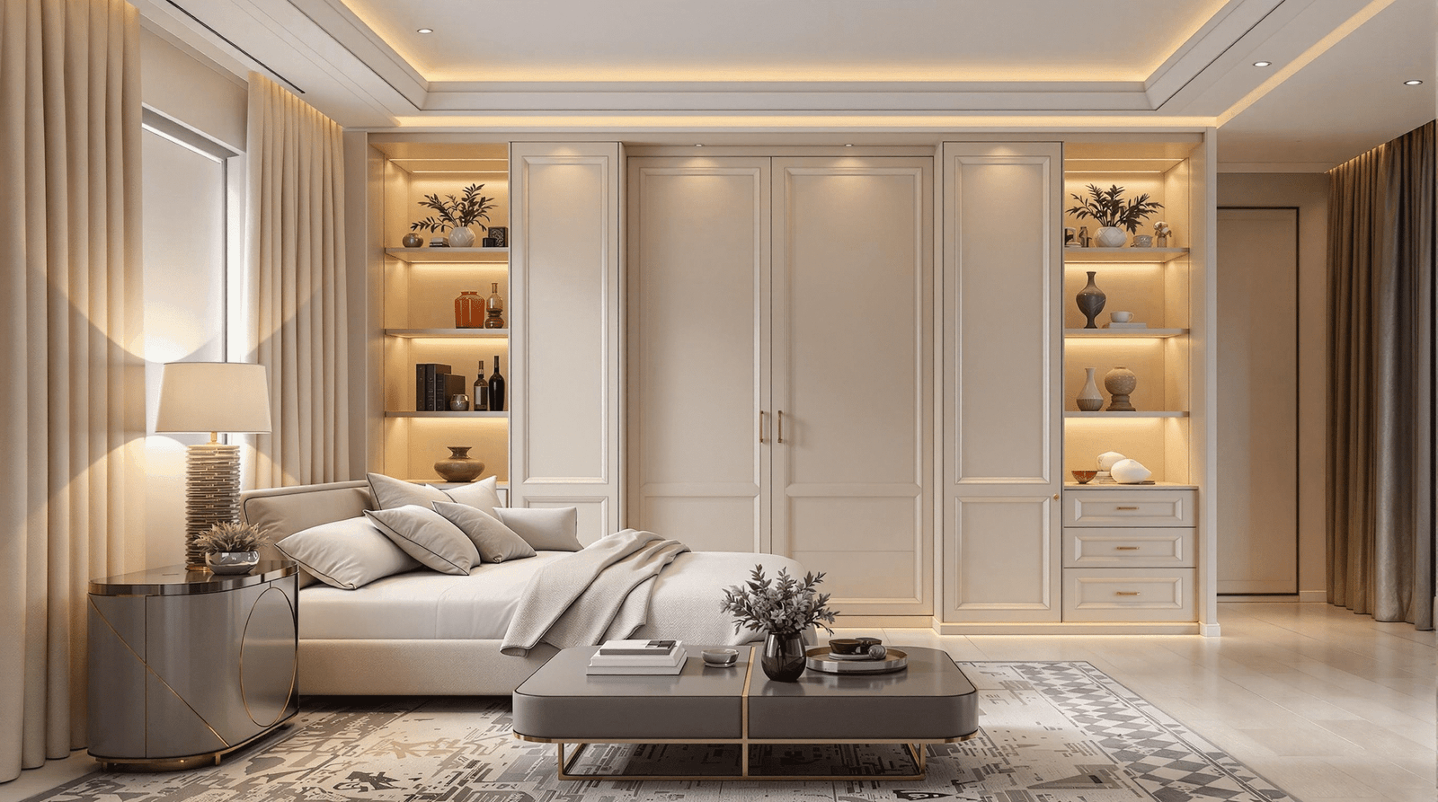 Sophisticated living room with a high-end Murphy bed seamlessly integrated into a custom wall unit.