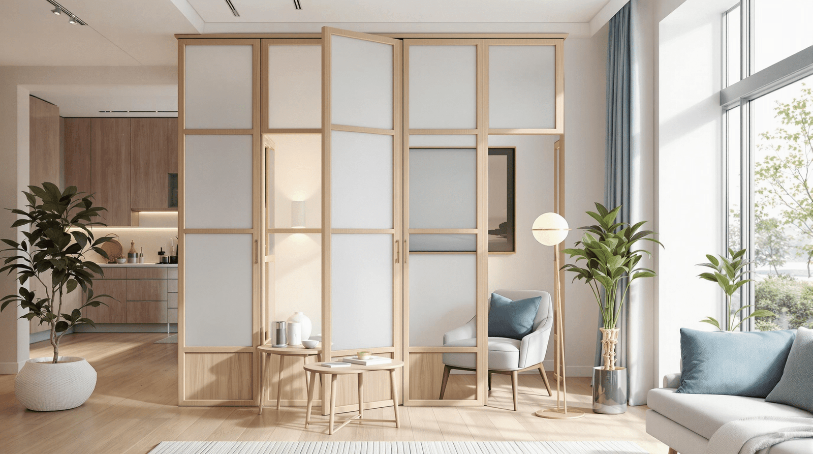 Versatile modern room screen creating a cozy reading nook in an open-plan living space.