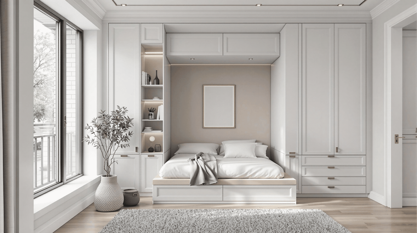 Wall bed seamlessly integrated and concealed within custom cabinetry in a studio.