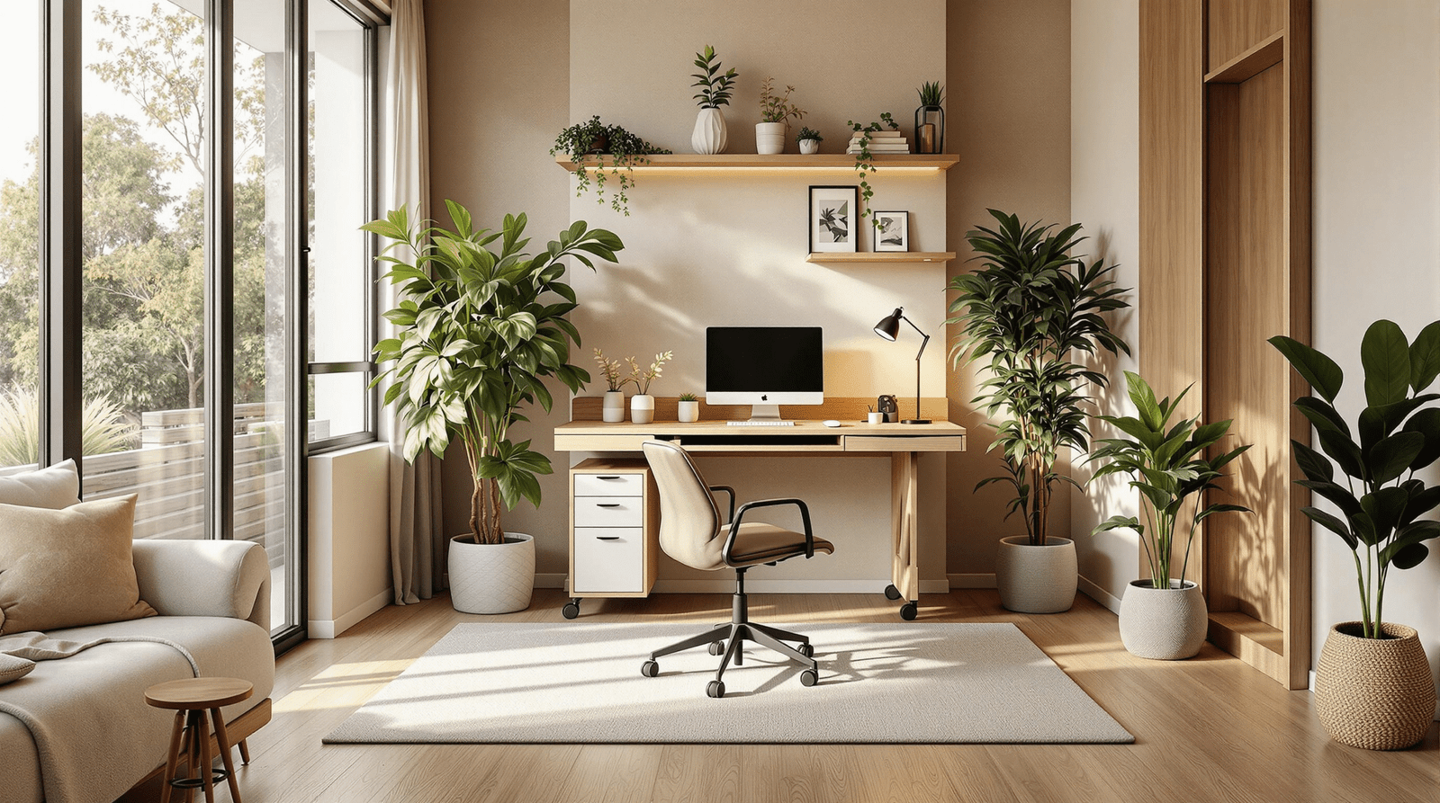 Creative home office setup with mobile desk and plants, promoting well-being.