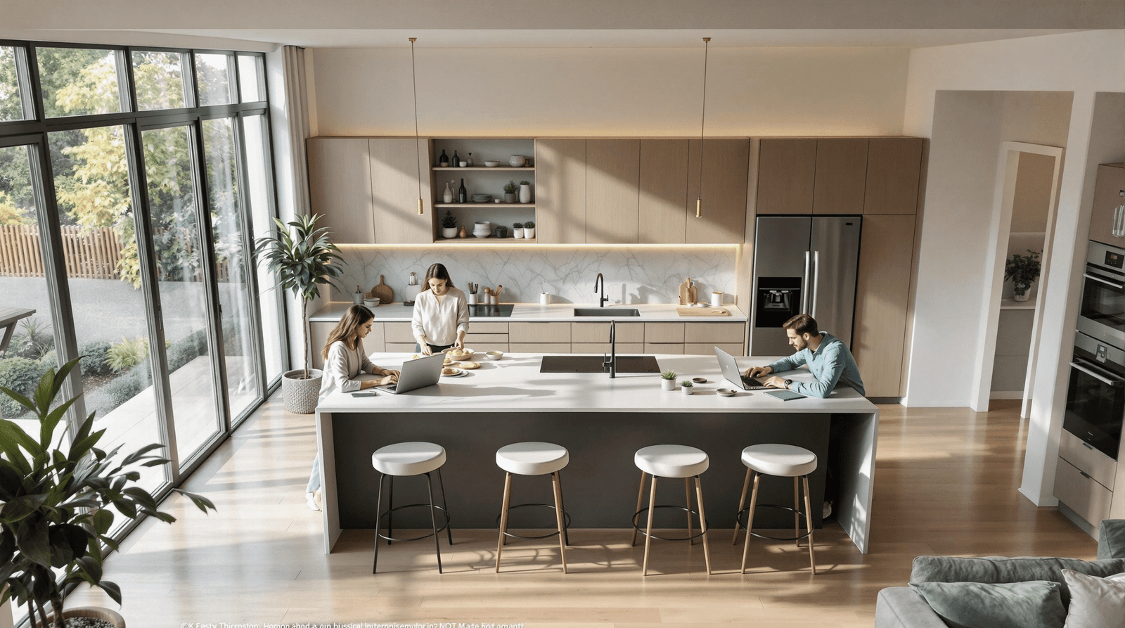 High-angle view of a modern multi-use kitchen with two people utilizing different zones.