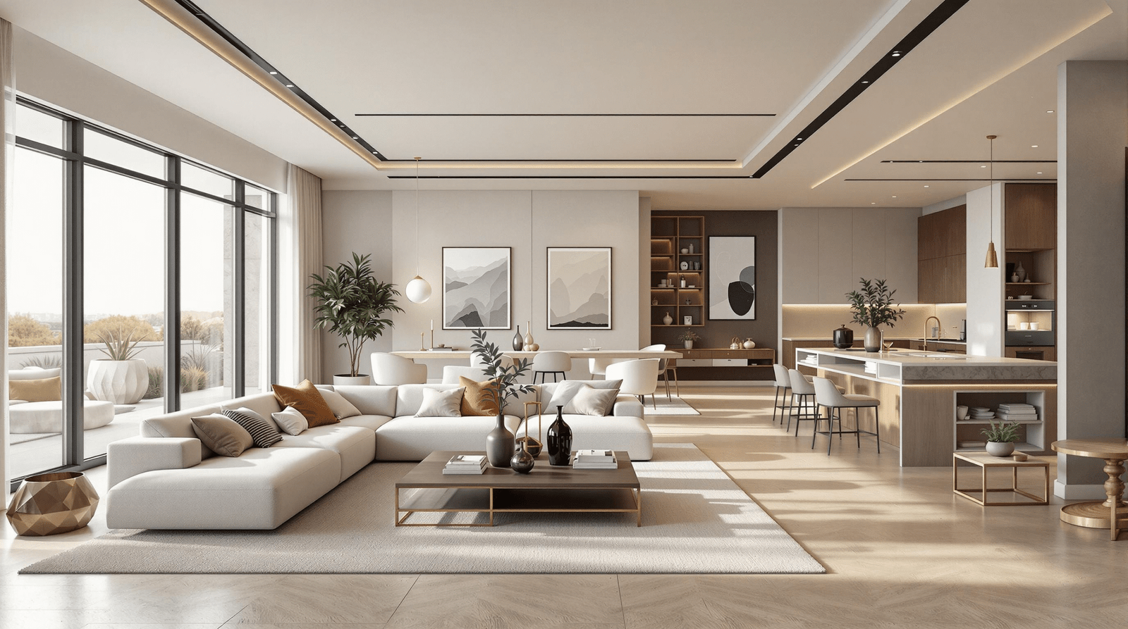 Open-plan living space with distinct zones and comfortable seating, designed for flow and comfort.