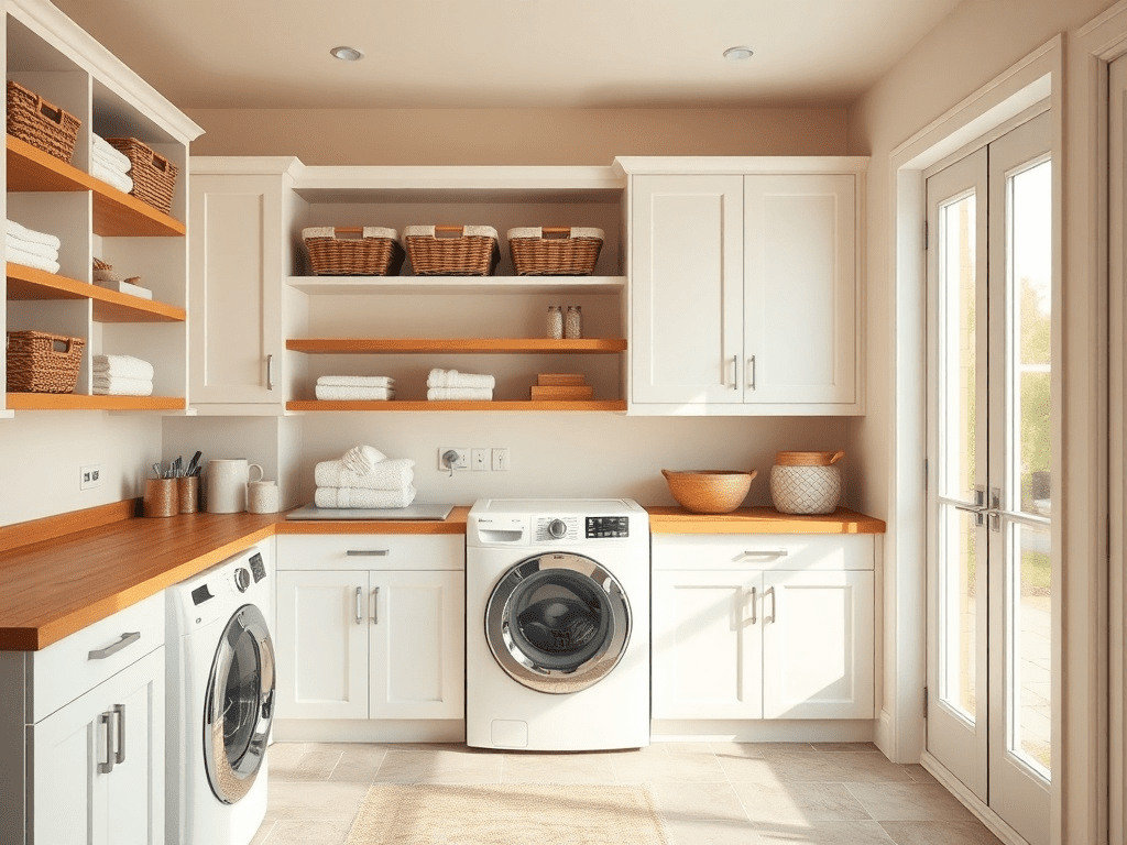 Bright and airy laundry room with white cabinets and open shelving