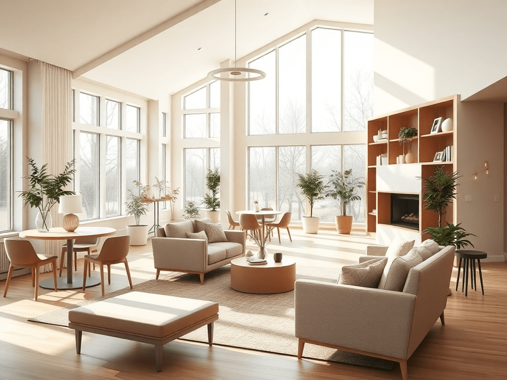 Bright and airy senior living common area with Scandinavian design