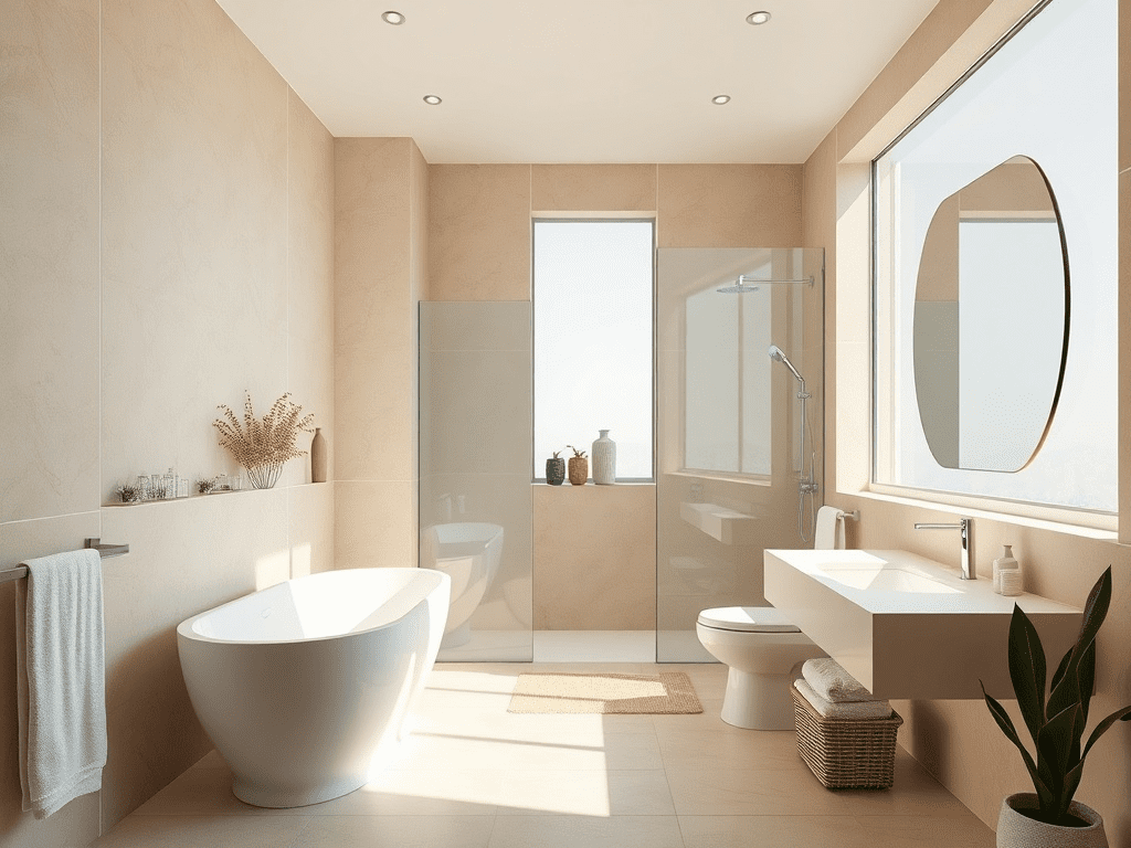 Bright and airy small bathroom with modern design and warm color palette
