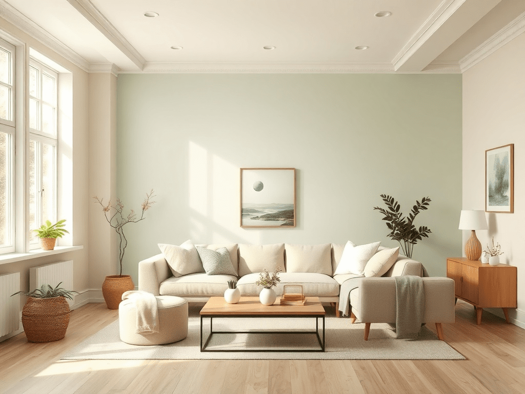 Bright living room with eco-friendly pastel green walls