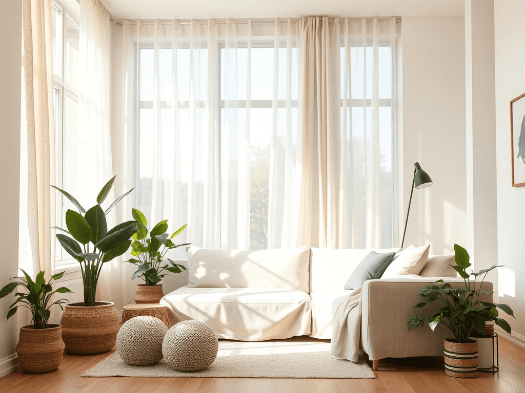 Bright living room with linen curtains and organic cotton sofa