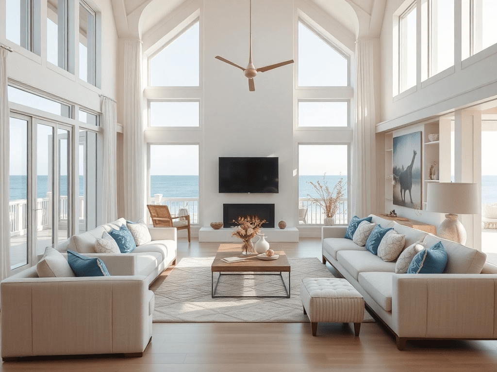 Coastal living room with beige and cream palette and natural light