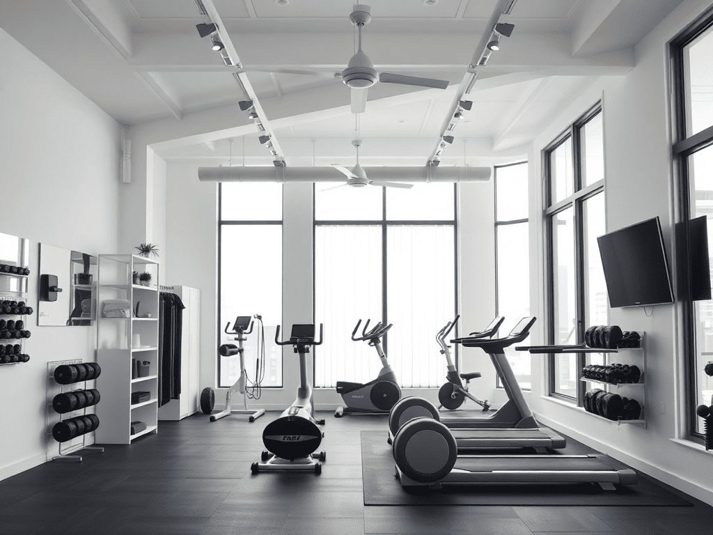 Contemporary home gym with minimalist design and natural light