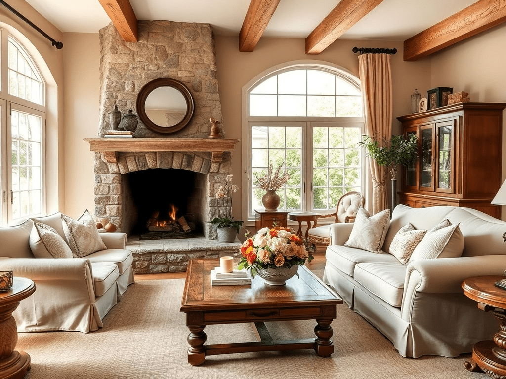 French country living room with stone fireplace and linen sofa