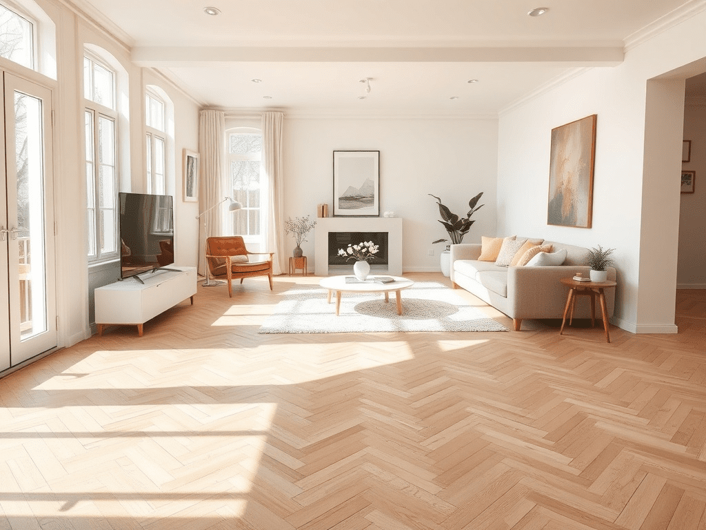 Light-colored herringbone wood floor in a Scandinavian-style living room