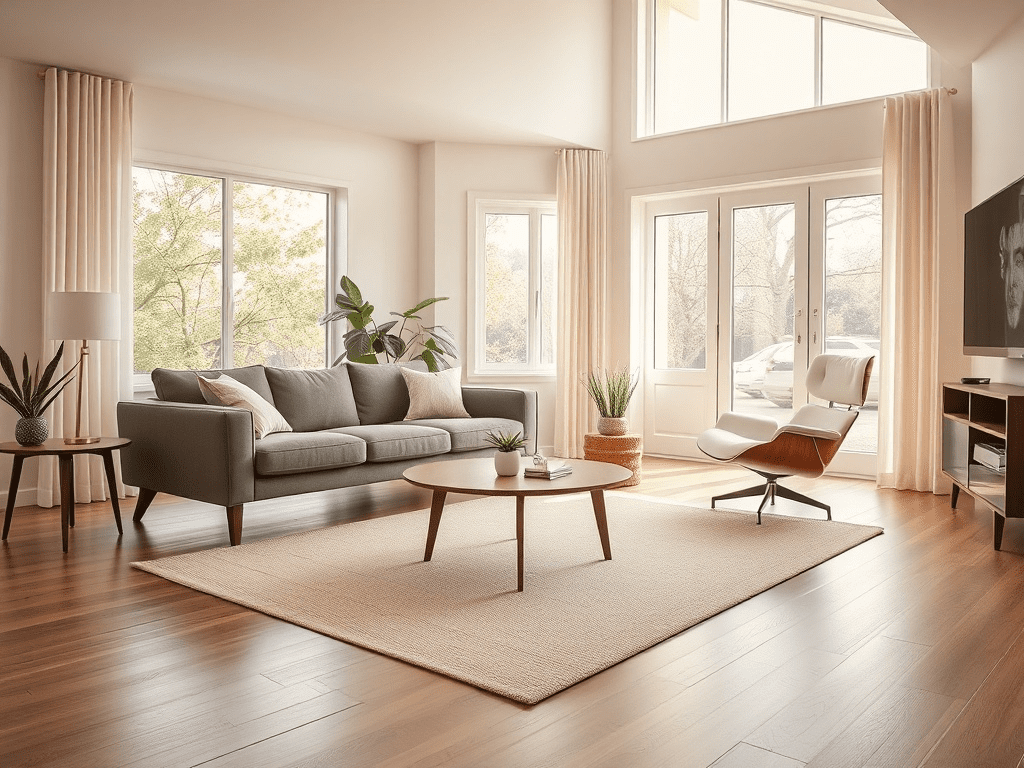 Mid-century modern living room with neutral color palette and Eames chair