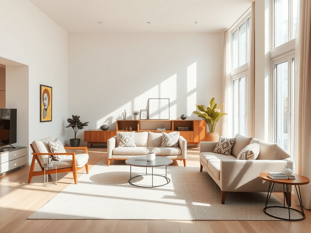 Mid-century modern living room with neutral color palette and natural lighting