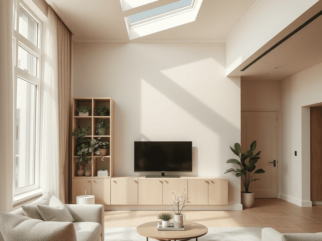 Minimalist living room with a small vertical garden shelving unit