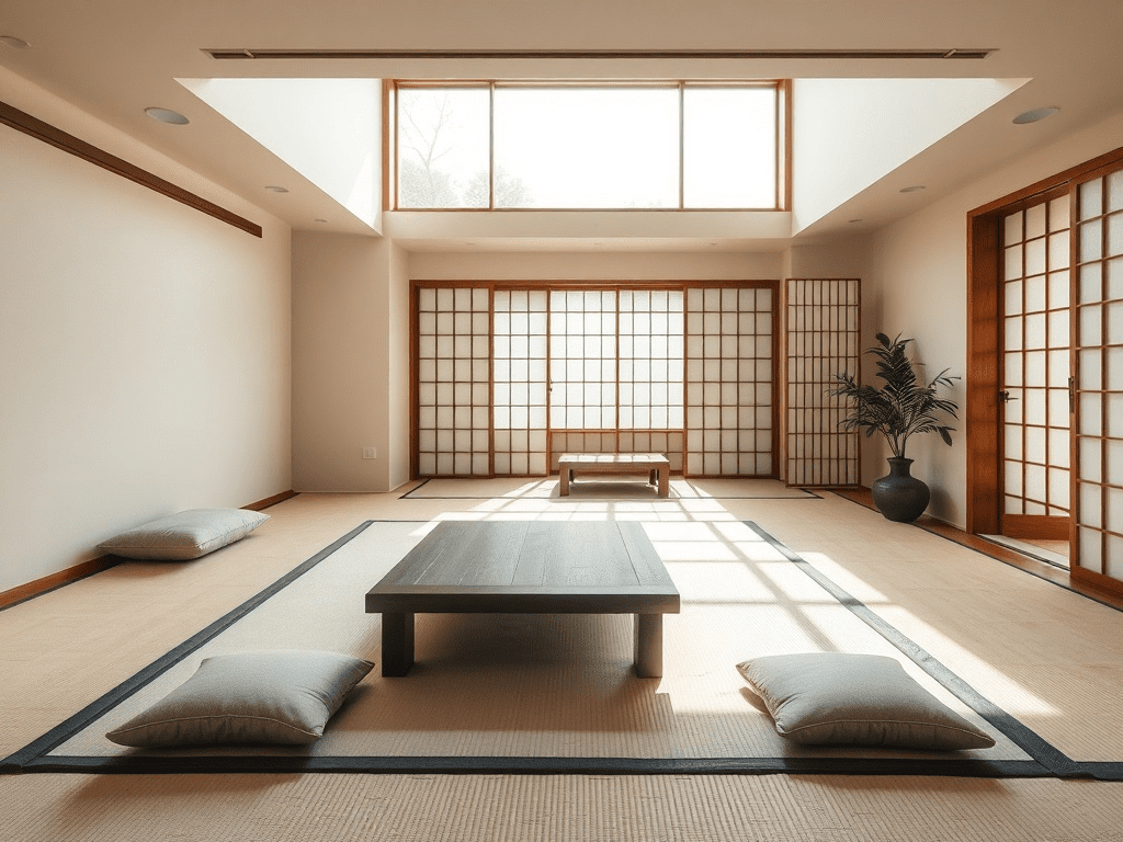 Minimalist living room with tatami mats and shoji screens