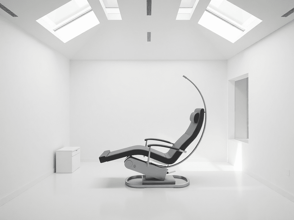 Minimalist sensory deprivation room with zero-gravity chair and diffused lighting