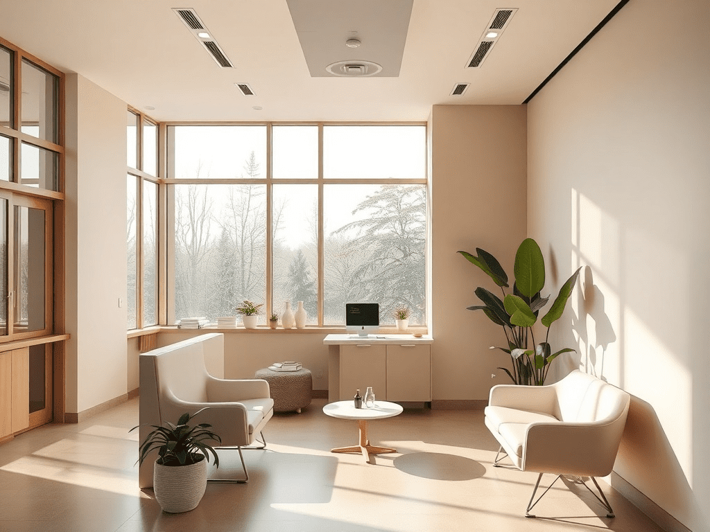 Modern dental reception area with warm color palette and natural light