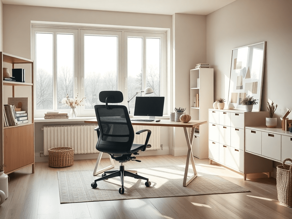 Modern home office with minimalist design and warm color palette
