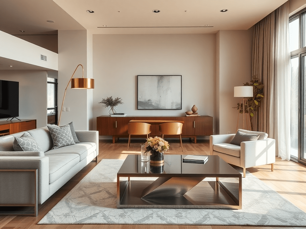 Modern living room with brushed brass floor lamp and stainless steel coffee table