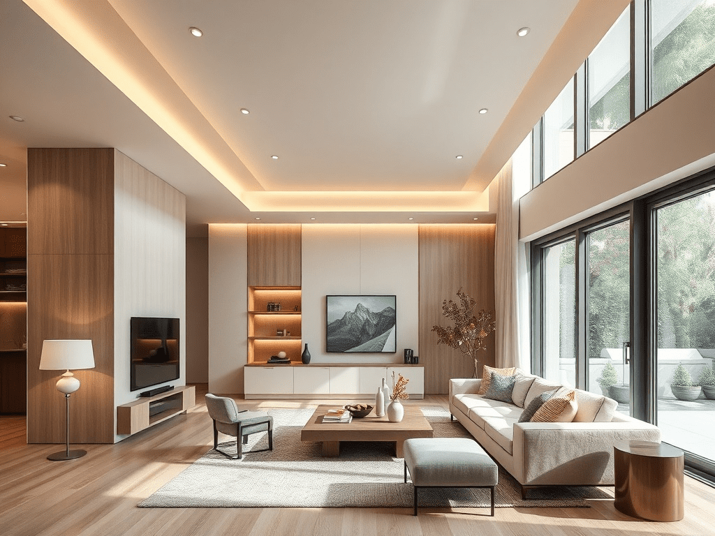 Modern living room with layered lighting and warm color palette