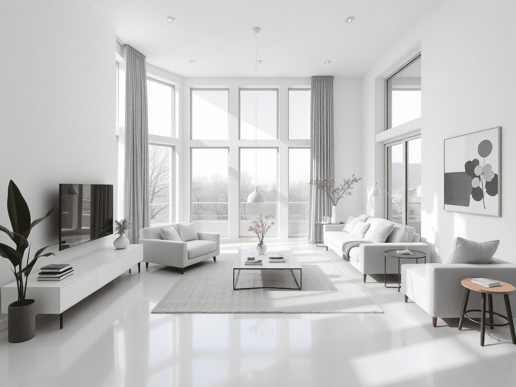 Modern living room with minimalist design and white color palette