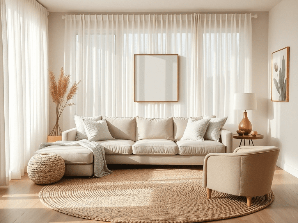 Modern living room with neutral color palette, natural lighting, and comfortable seating.