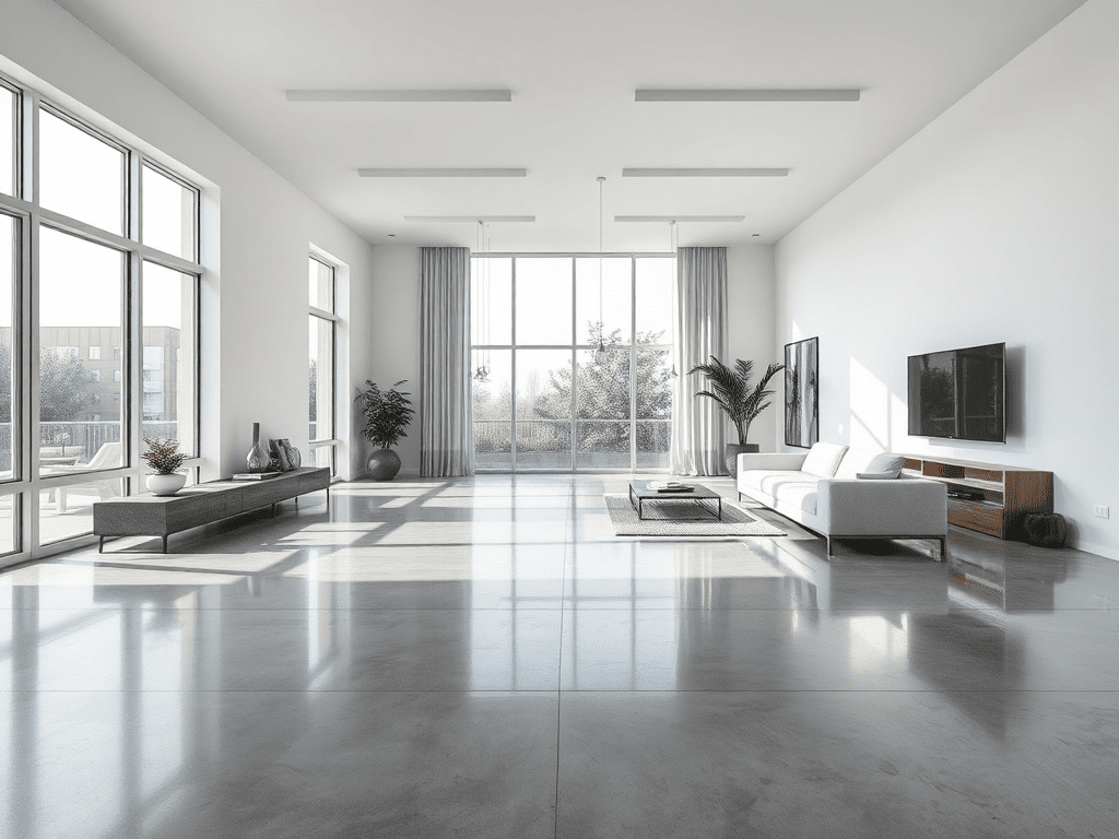 Modern living room with polished concrete floor and minimalist design