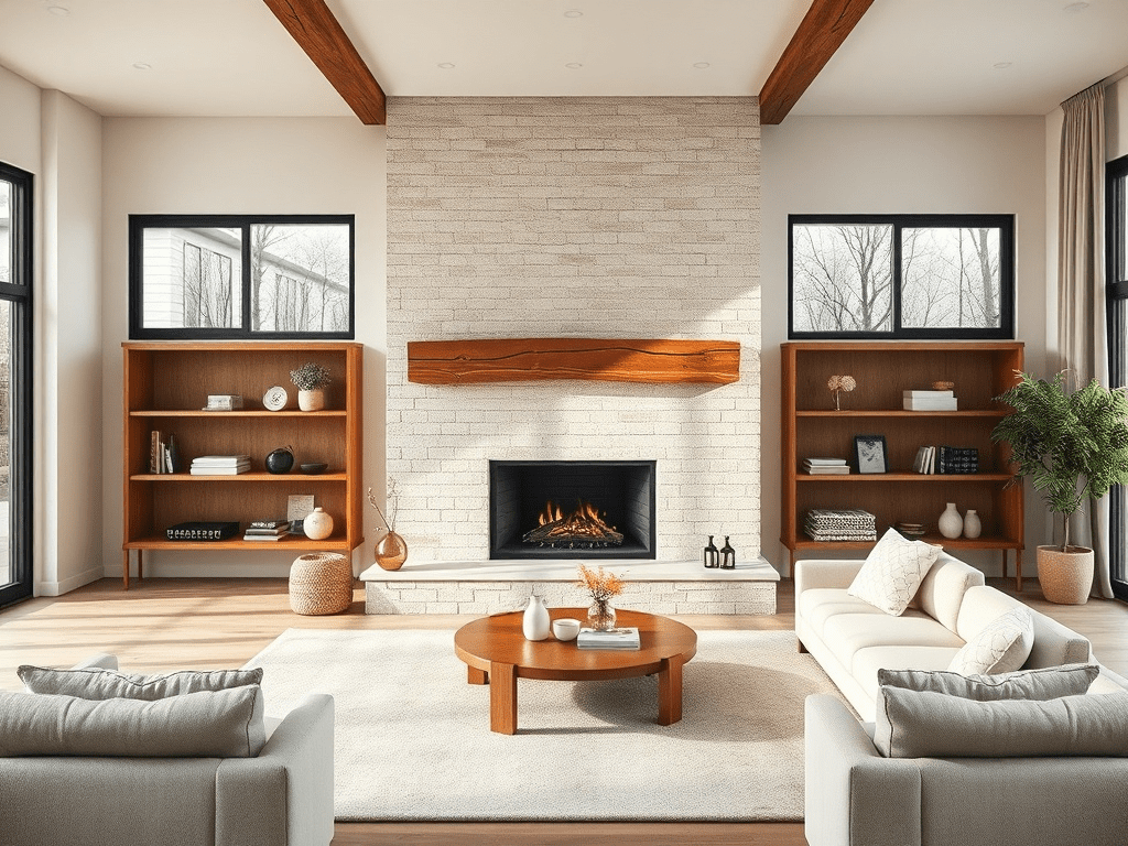 Modern living room with rustic wood mantel fireplace and Scandinavian design