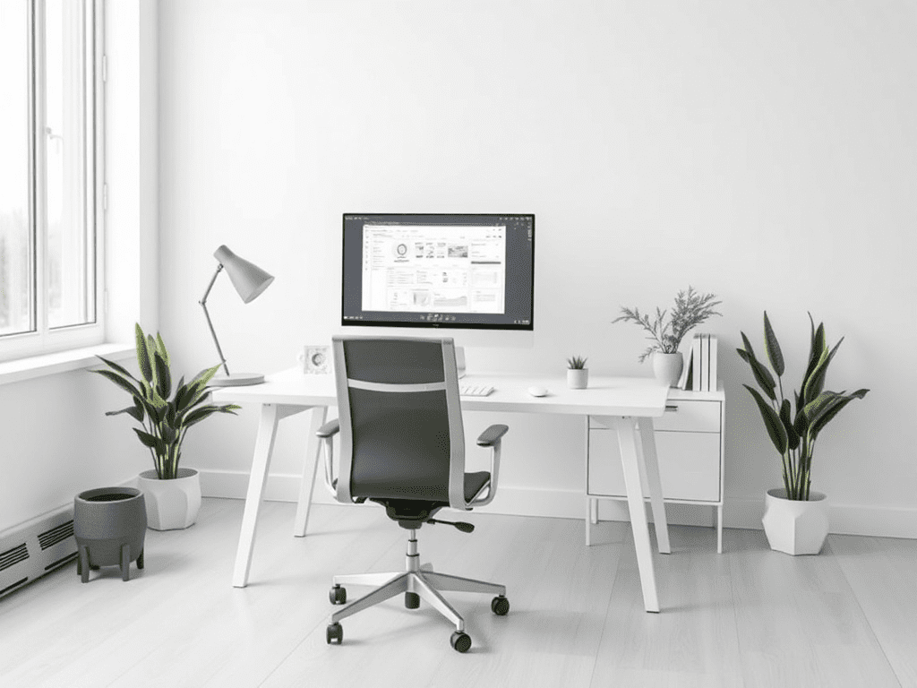 Modern minimalist home office with software interface on monitor